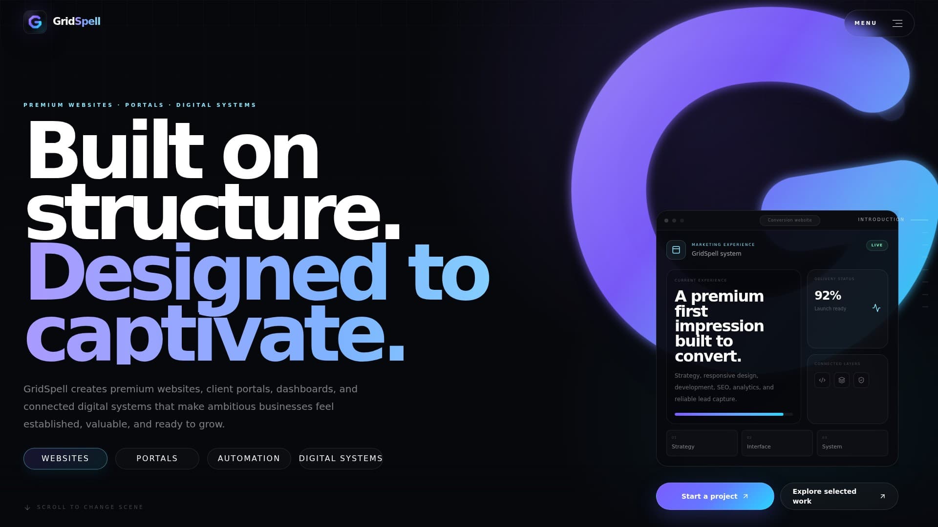 GridSpell Studio homepage screenshot with Websites, Portals, Automation, and Digital Systems tabs
